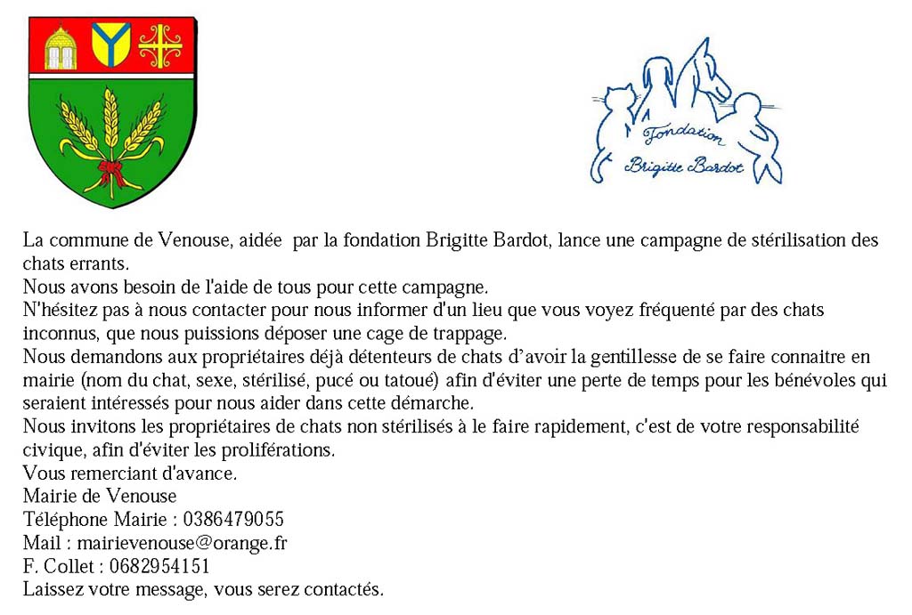 Message pour la campagne de stérilisation des chats errants sur la commune de Venouse /><br>
<span class=